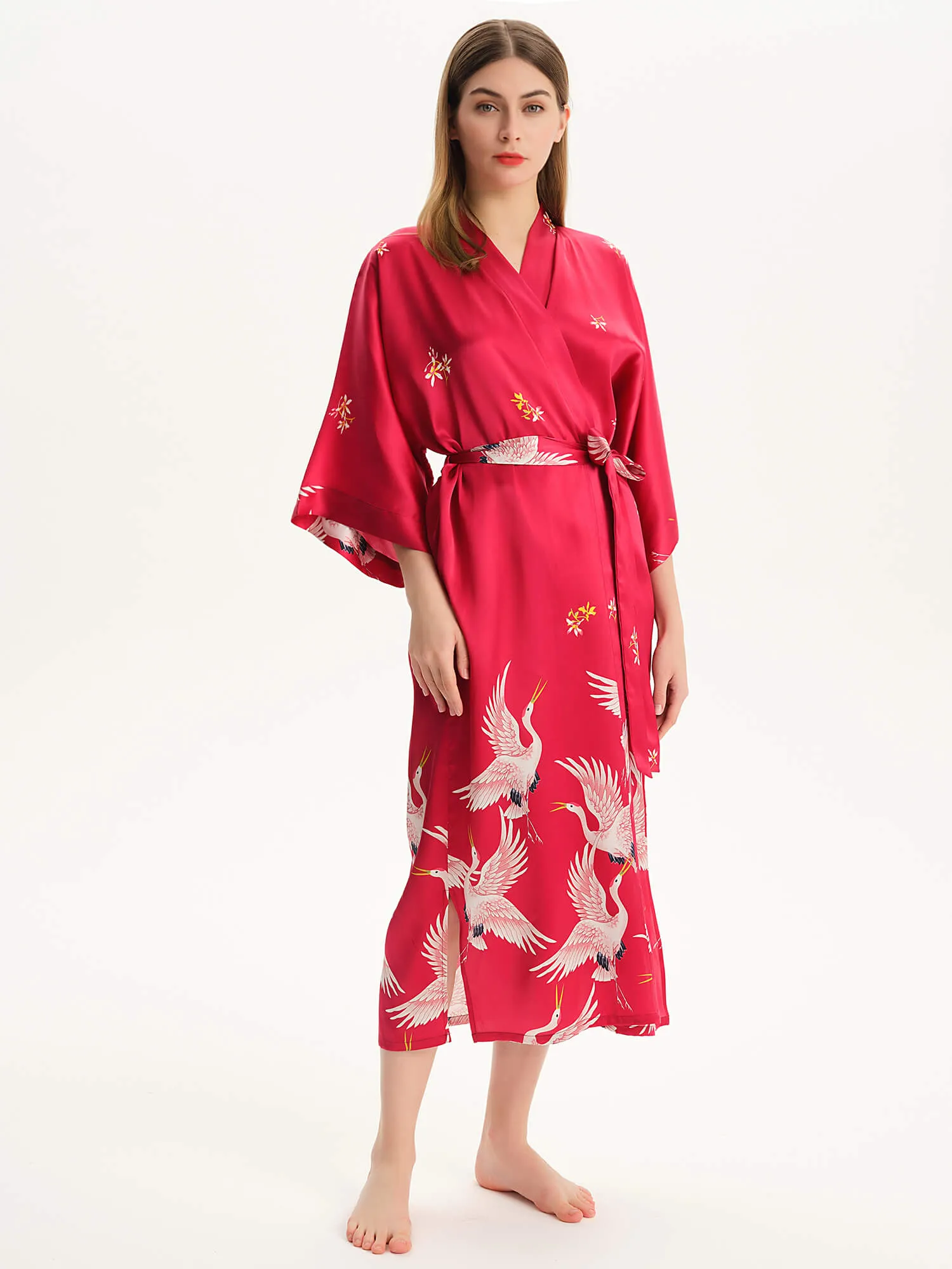 Claret Crane Printed Womens Long Mulberry Silk Kimono  Robe