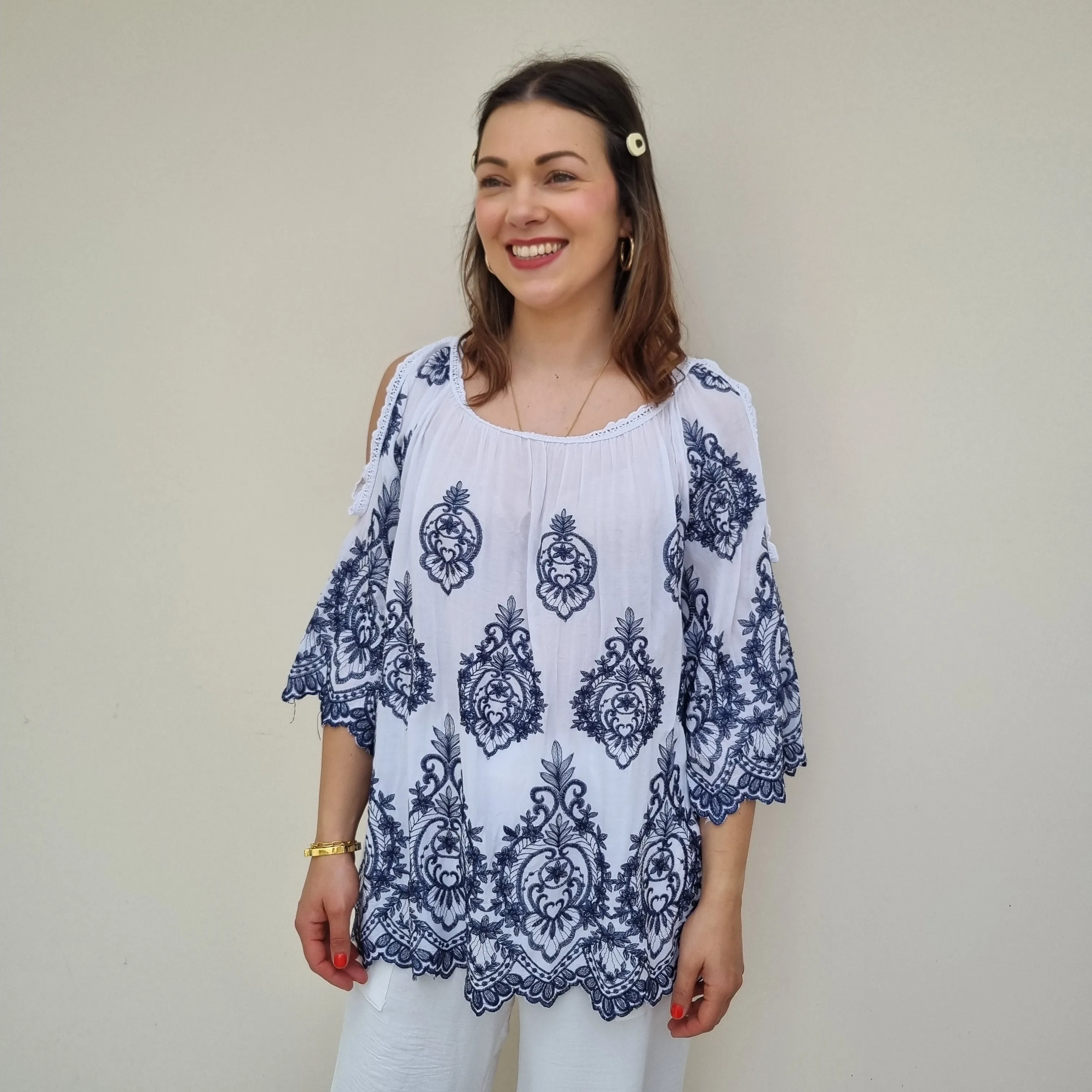 Cold Shoulder White Top with Navy Embroidery