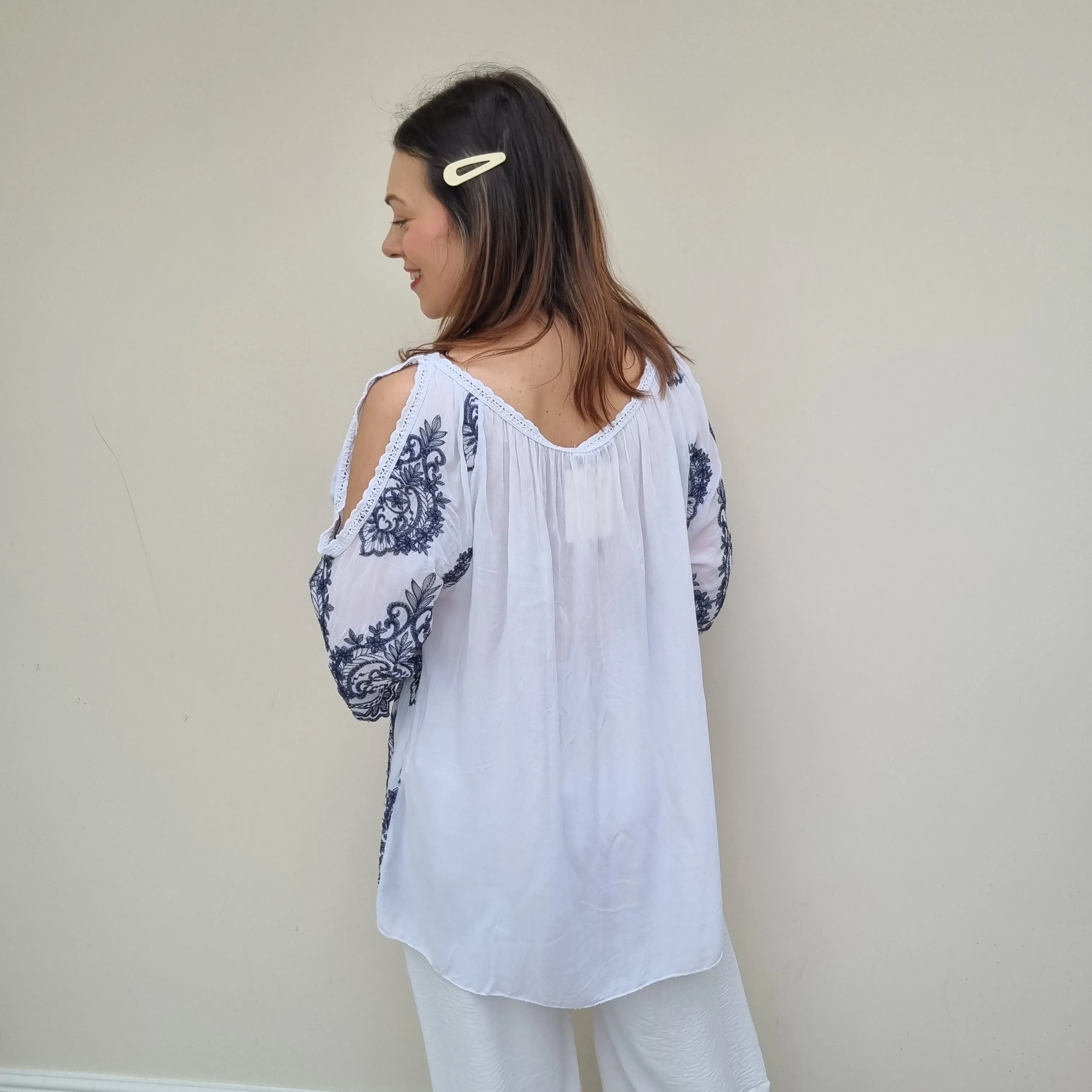 Cold Shoulder White Top with Navy Embroidery