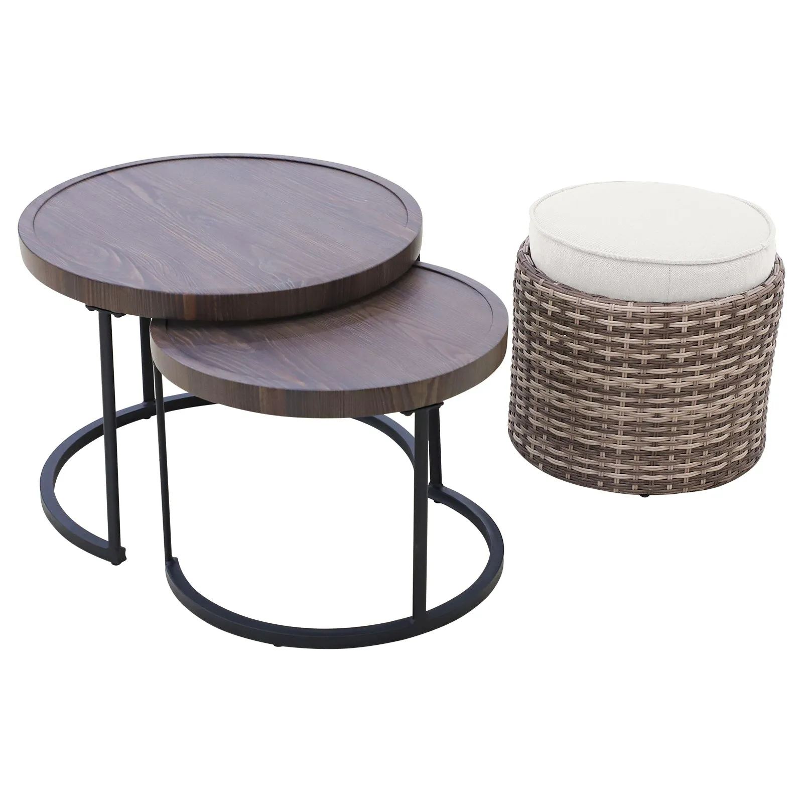 COOS BAY Outdoor Modern Nesting Coffee Tables with Ottoman, Set of 3, Beige/Blue