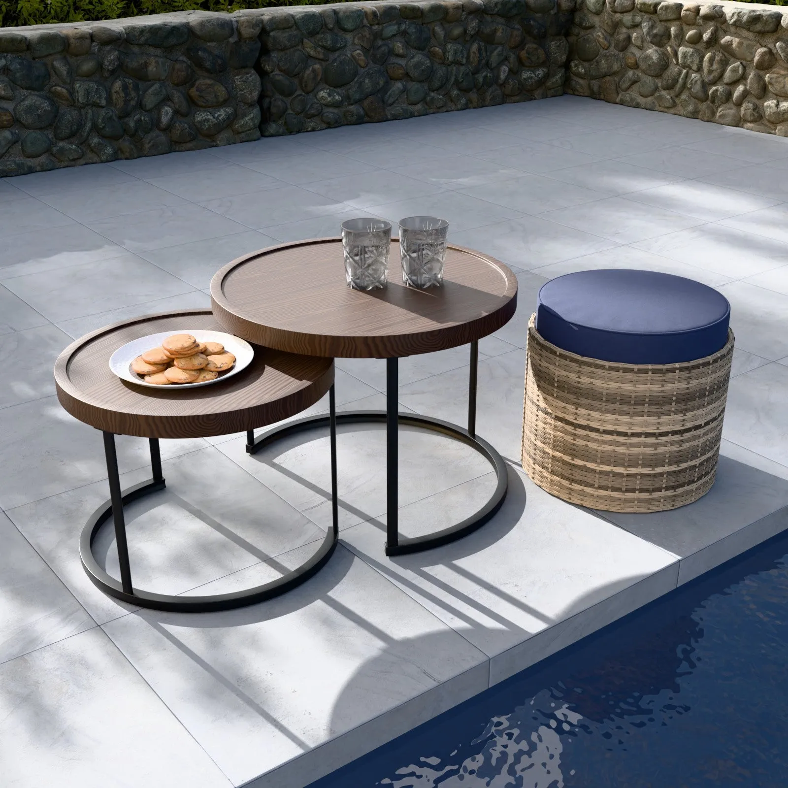 COOS BAY Outdoor Modern Nesting Coffee Tables with Ottoman, Set of 3, Beige/Blue