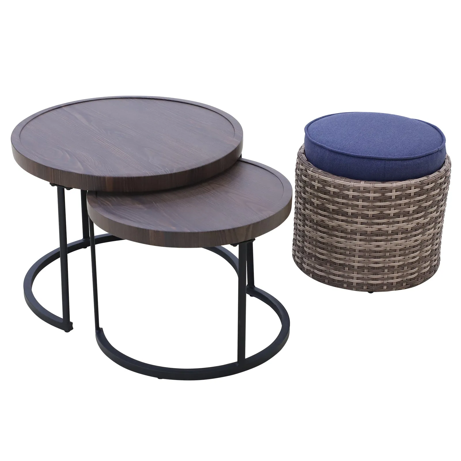 COOS BAY Outdoor Modern Nesting Coffee Tables with Ottoman, Set of 3, Beige/Blue