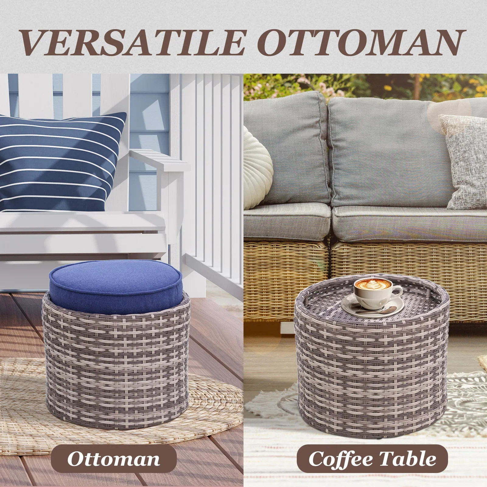 COOS BAY Outdoor Modern Nesting Coffee Tables with Ottoman, Set of 3, Beige/Blue