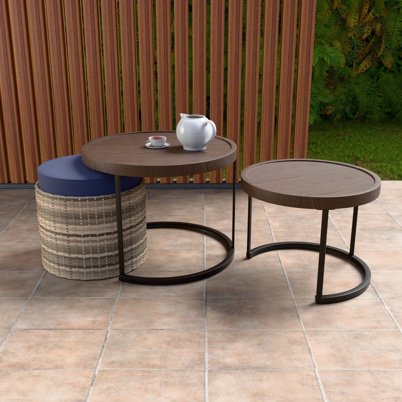 COOS BAY Outdoor Modern Nesting Coffee Tables with Ottoman, Set of 3, Beige/Blue