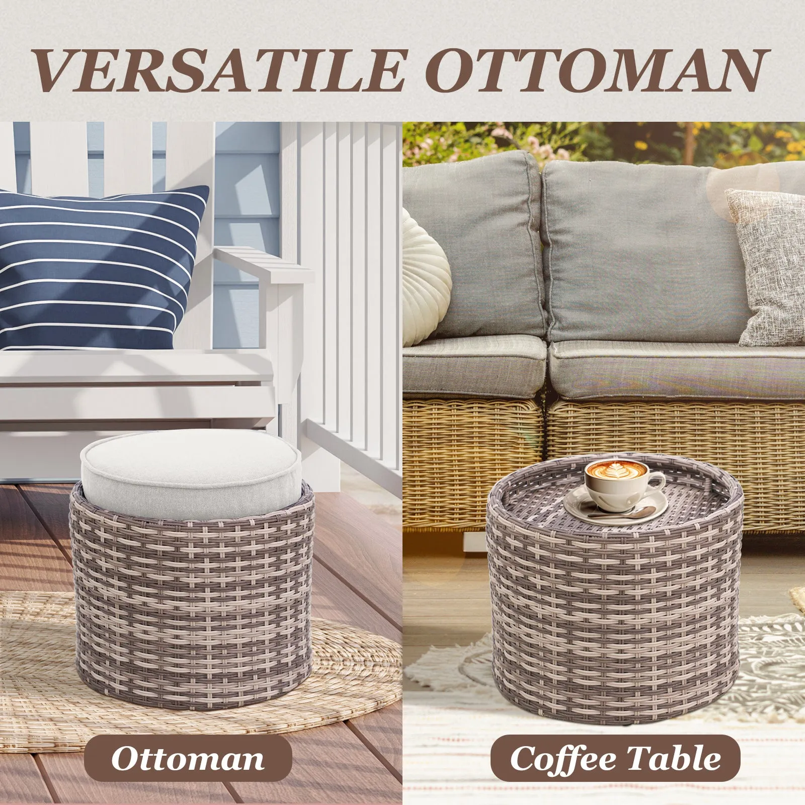 COOS BAY Outdoor Modern Nesting Coffee Tables with Ottoman, Set of 3, Beige/Blue