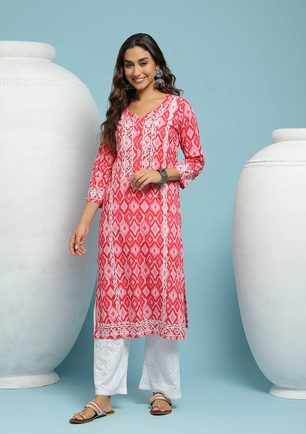 Cotton Chikankari Ikkat Printed Women's Long Kurta - Pink