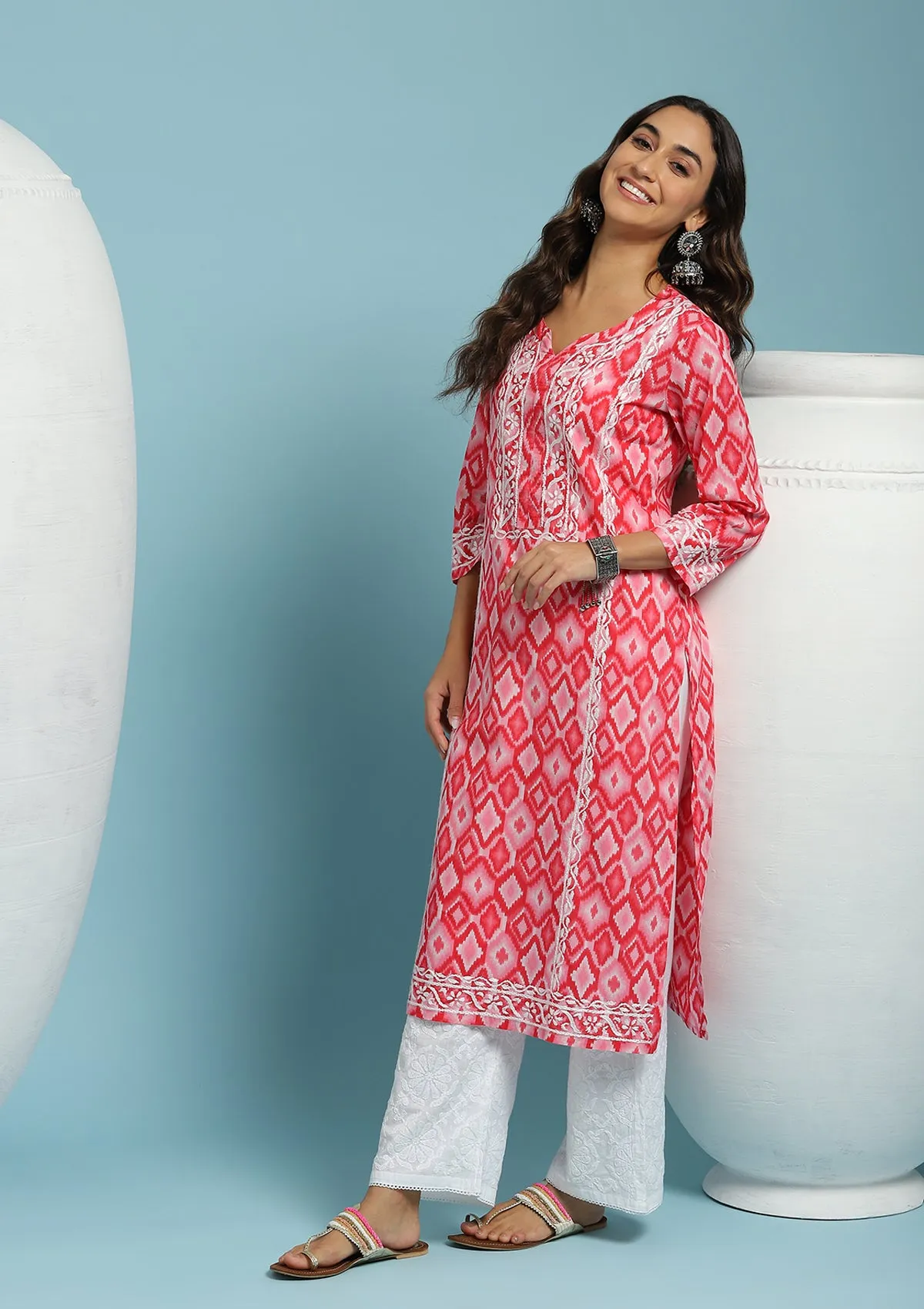 Cotton Chikankari Ikkat Printed Women's Long Kurta - Pink