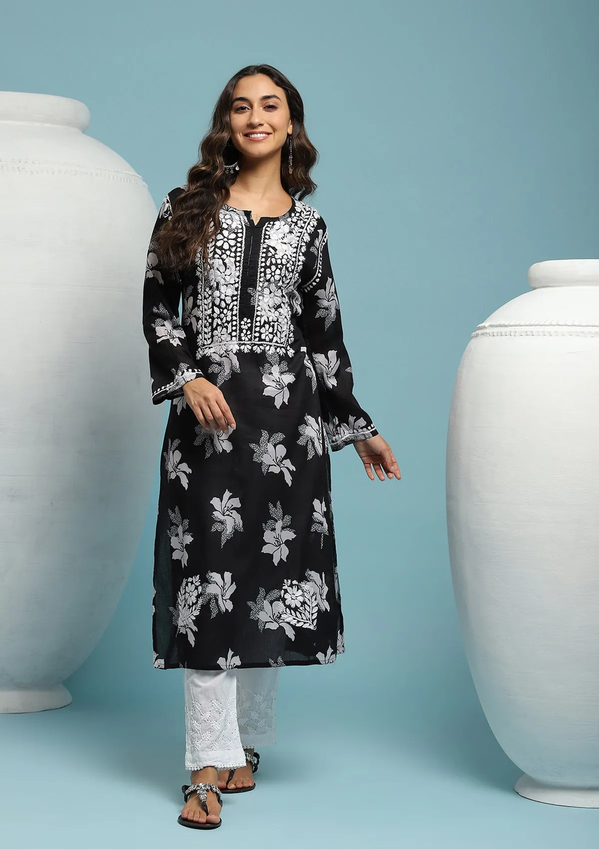 Cotton Chikankari Printed Women's Long Kurta - Black