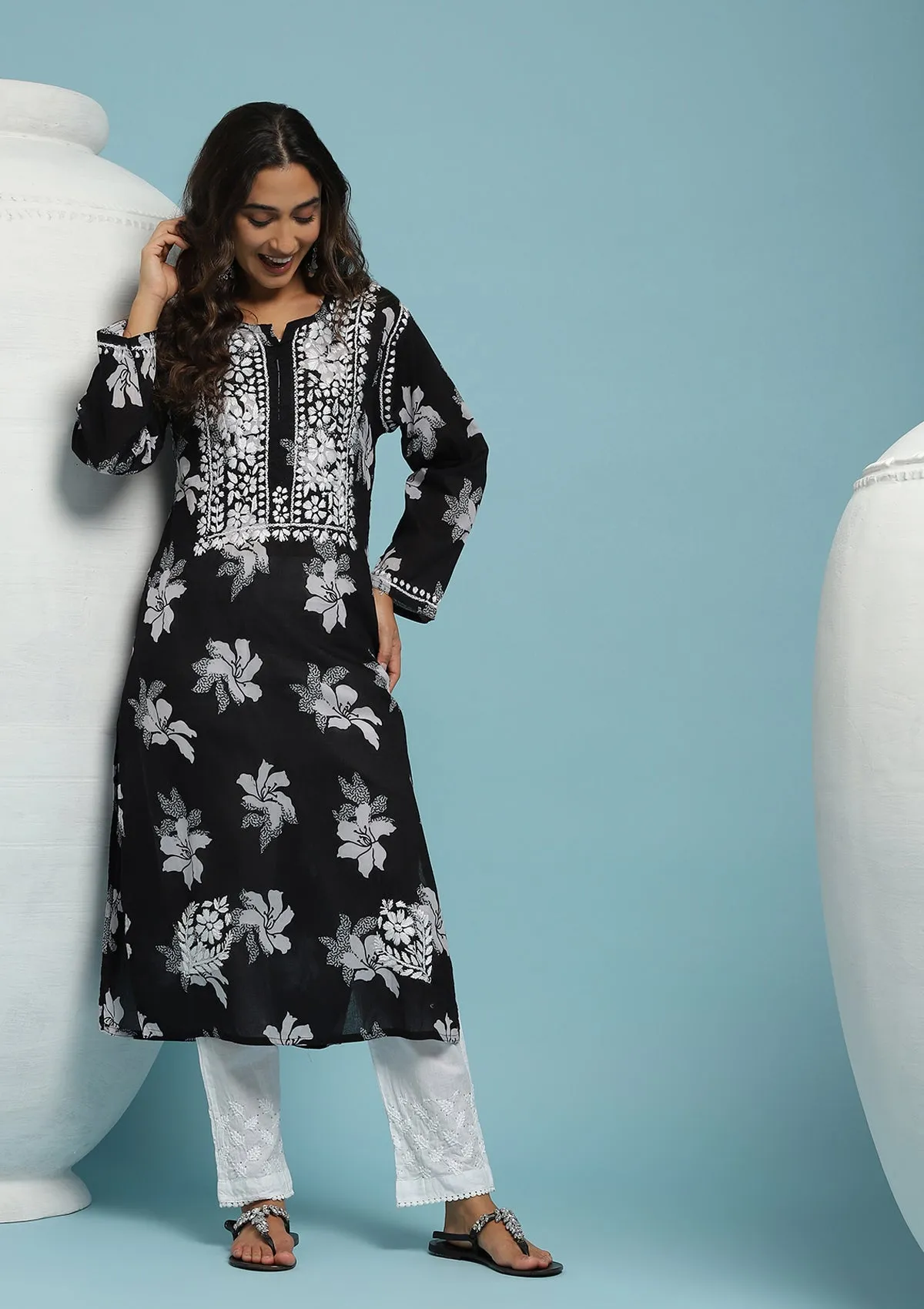 Cotton Chikankari Printed Women's Long Kurta - Black