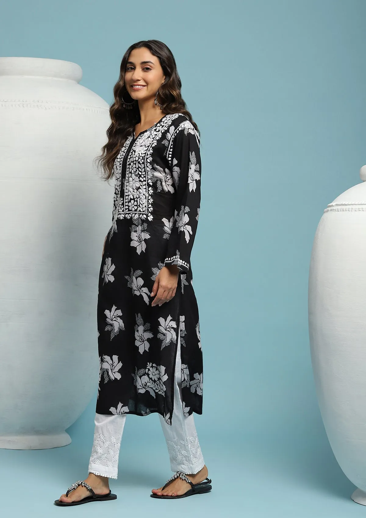 Cotton Chikankari Printed Women's Long Kurta - Black