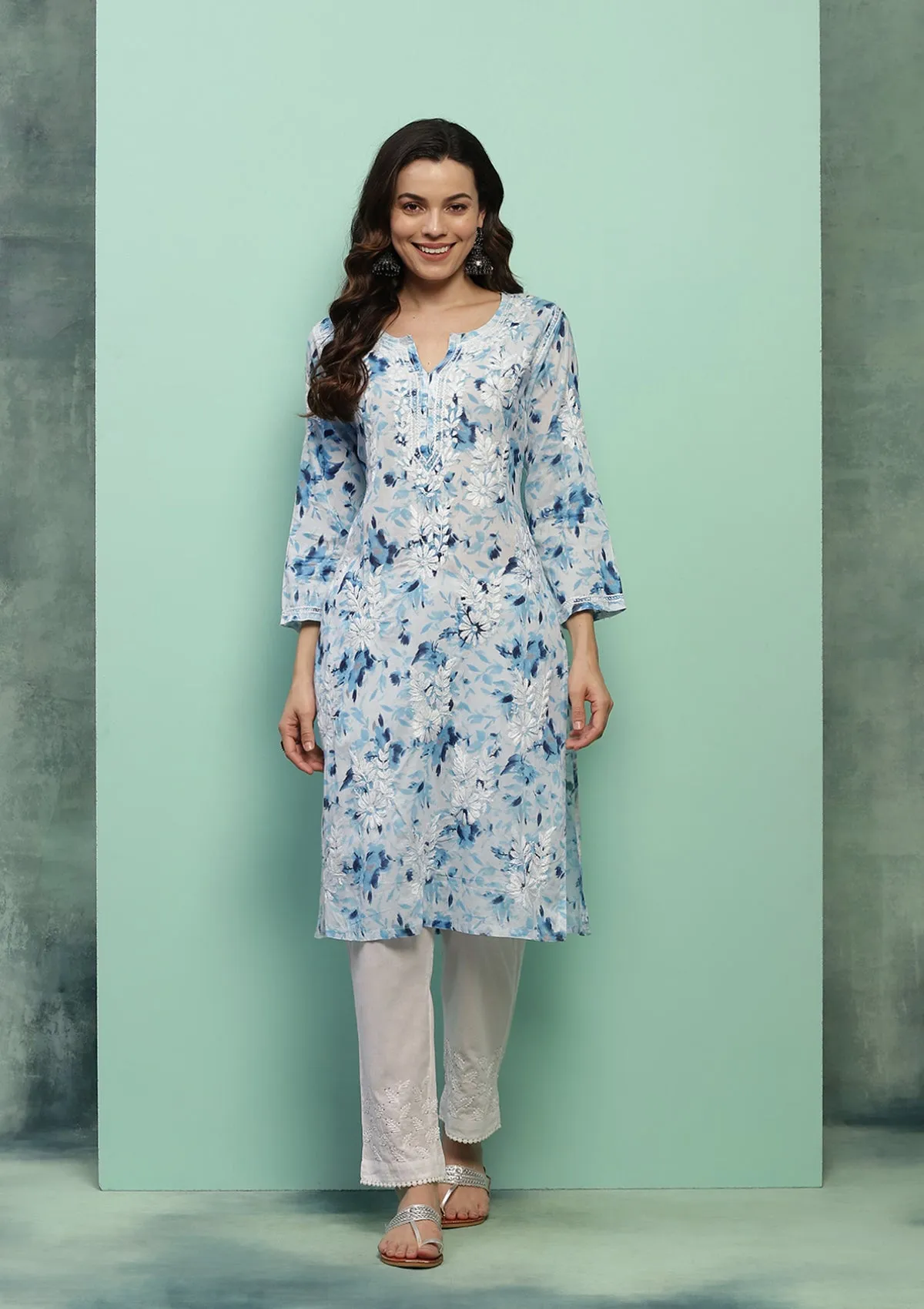 Cotton Chikankari Printed Women's Long Kurta - Blue