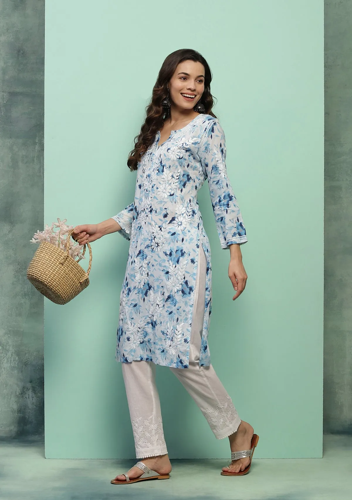 Cotton Chikankari Printed Women's Long Kurta - Blue