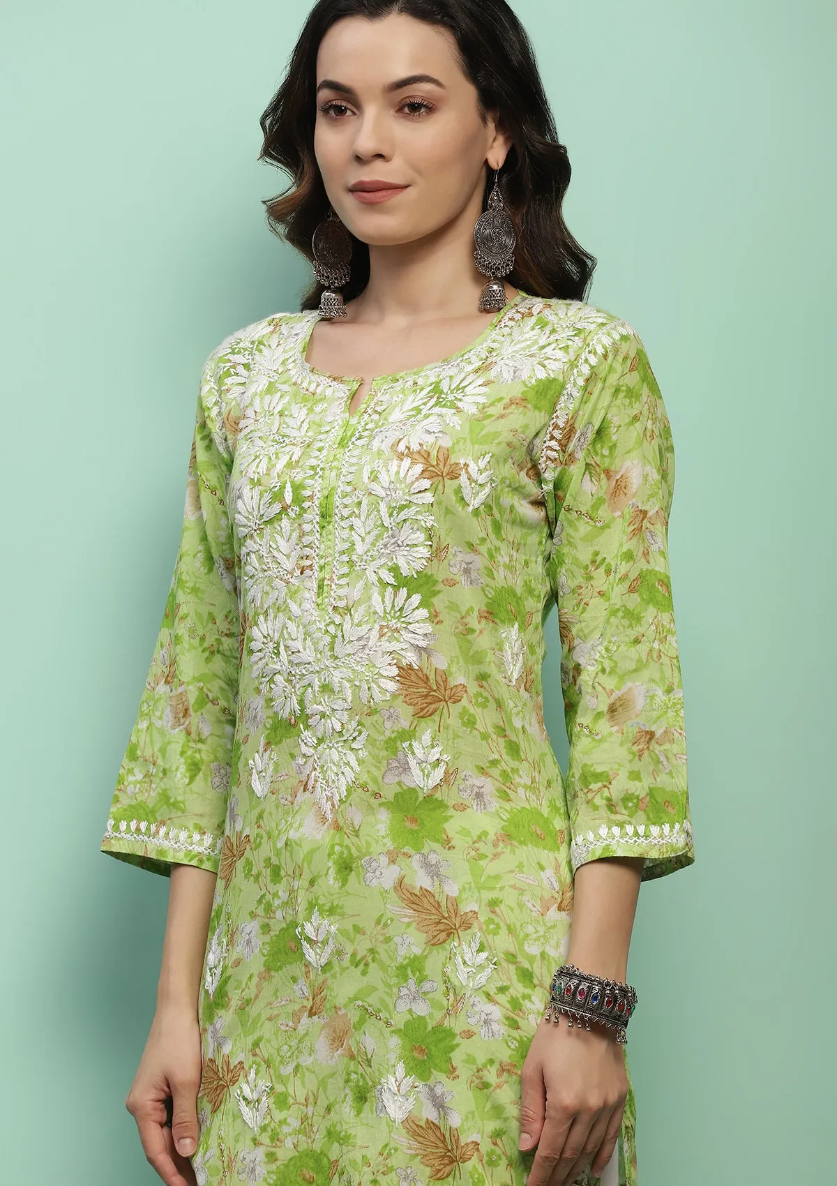 Cotton Chikankari Printed Women's Long Kurta - Green