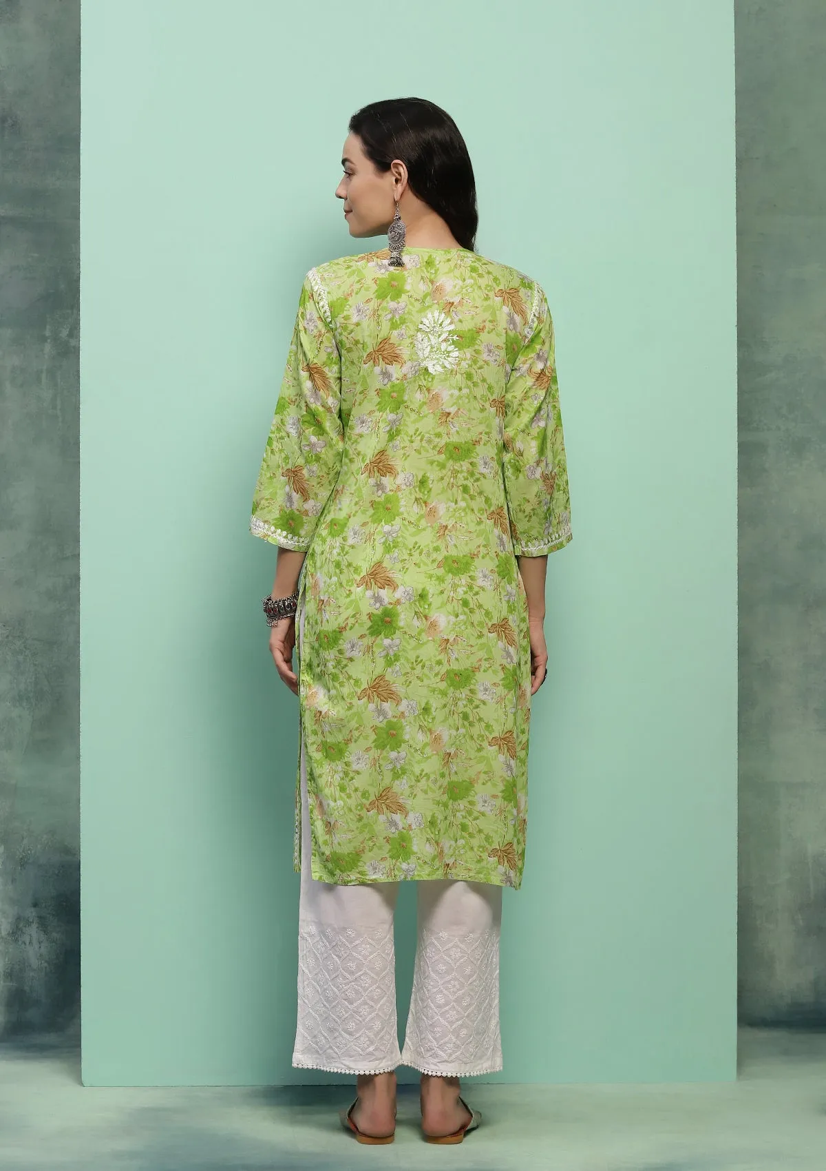 Cotton Chikankari Printed Women's Long Kurta - Green