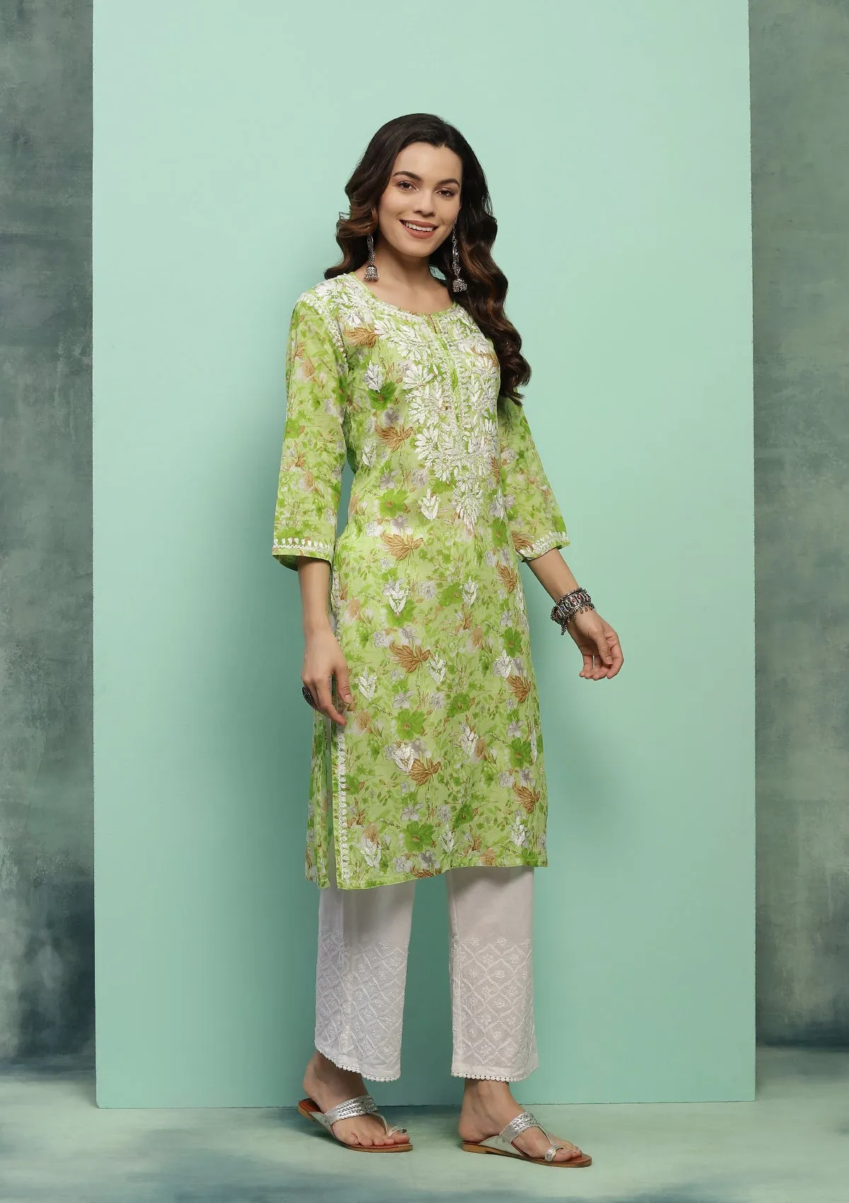 Cotton Chikankari Printed Women's Long Kurta - Green