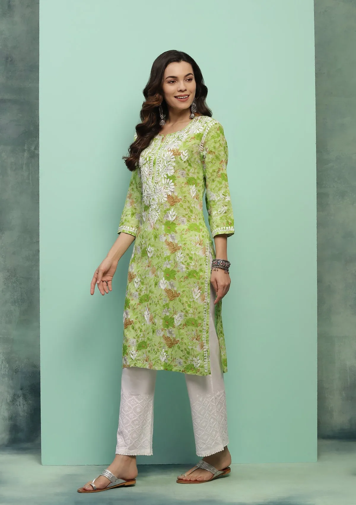 Cotton Chikankari Printed Women's Long Kurta - Green