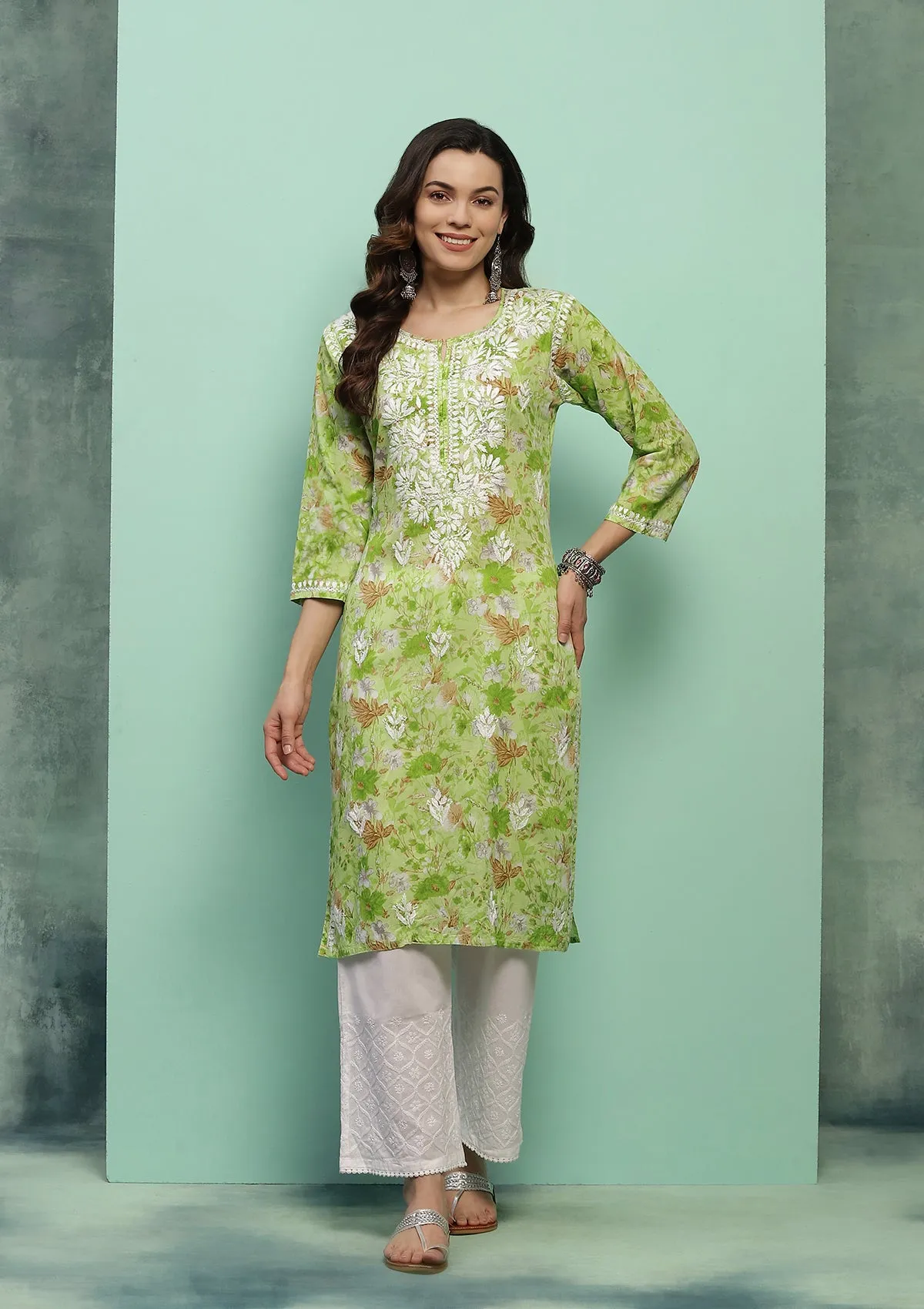 Cotton Chikankari Printed Women's Long Kurta - Green