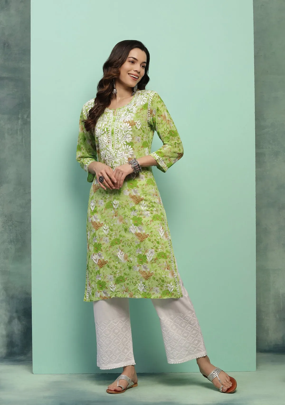 Cotton Chikankari Printed Women's Long Kurta - Green