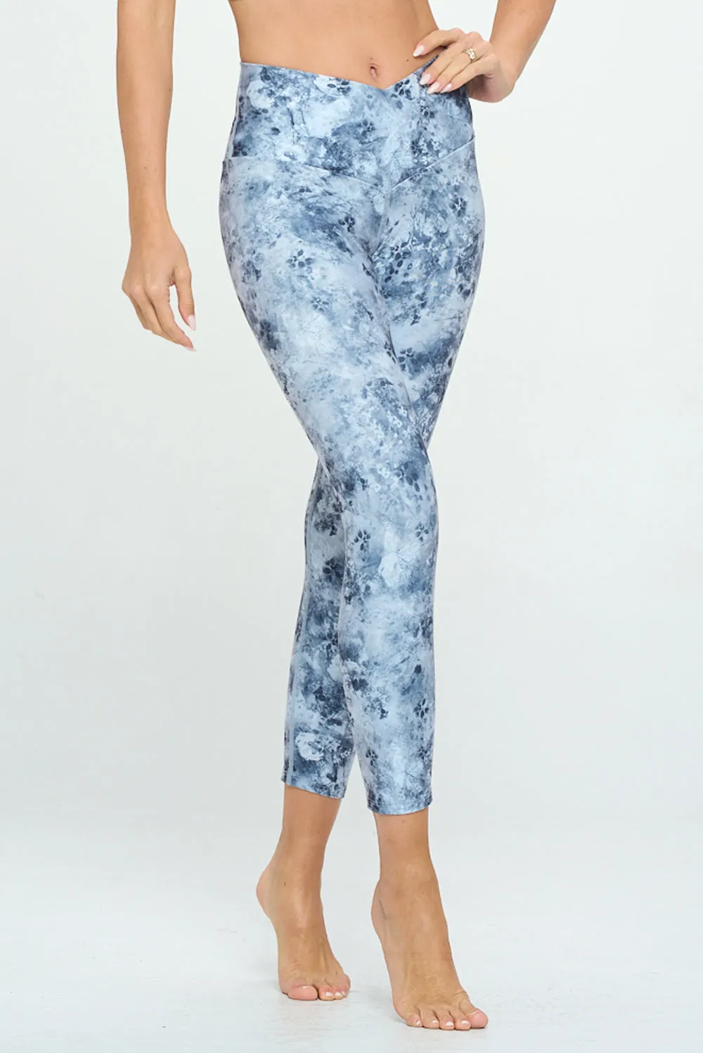 Cristina - Grey Floral Bluish Cross Over 7/8 Legging (High - Waist)