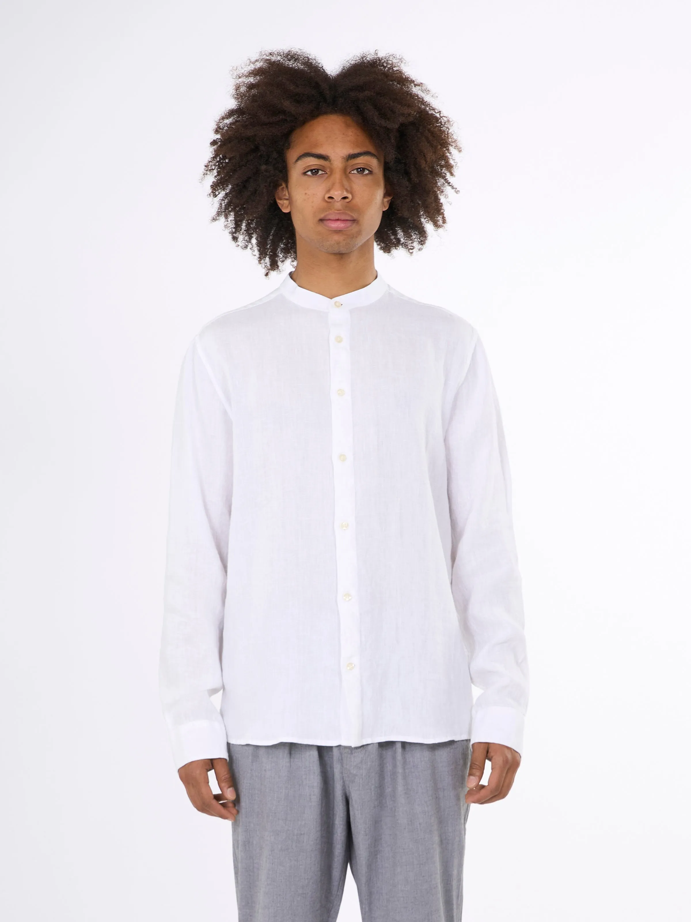 Custom fit linen stand collar shirt - Bright White