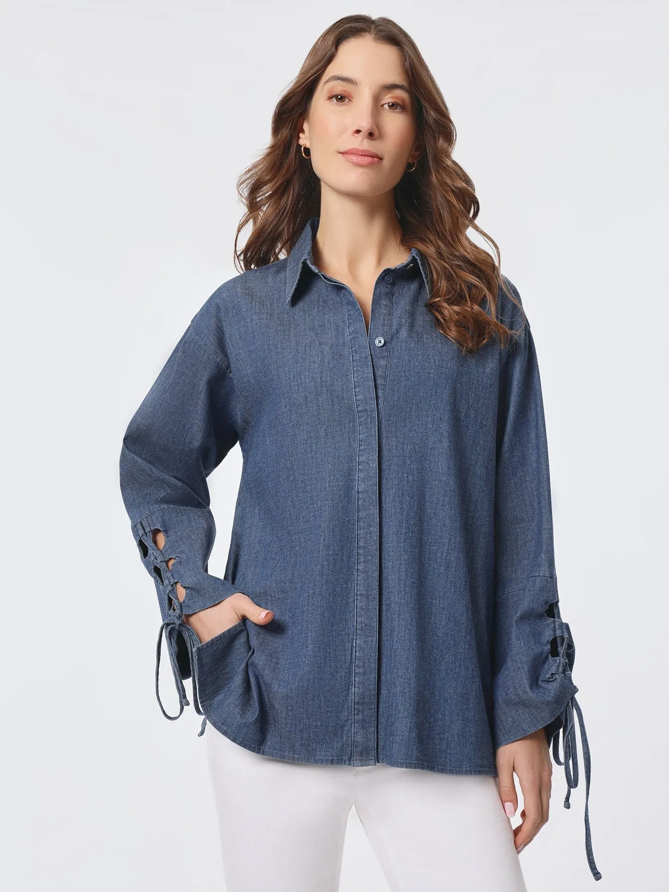 Denim Detail Sleeves Button-Front Shirt