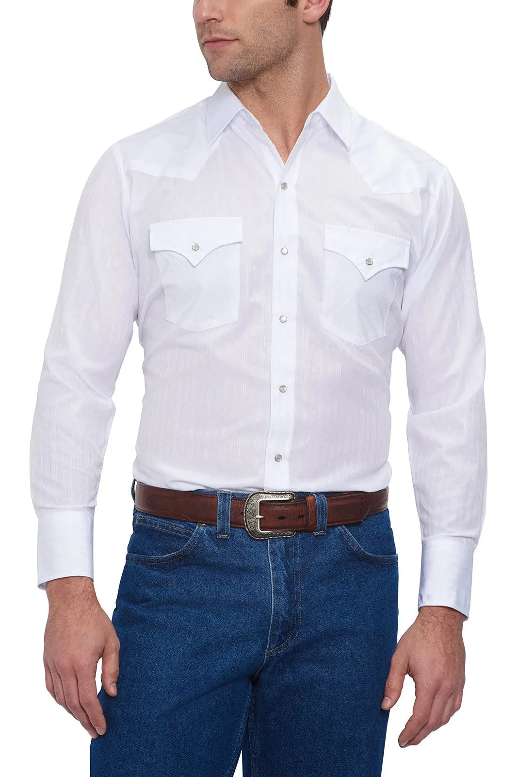 Ely Cattleman Men's White Long Sleeve Solid Tone on Tone Western Snap Shirt