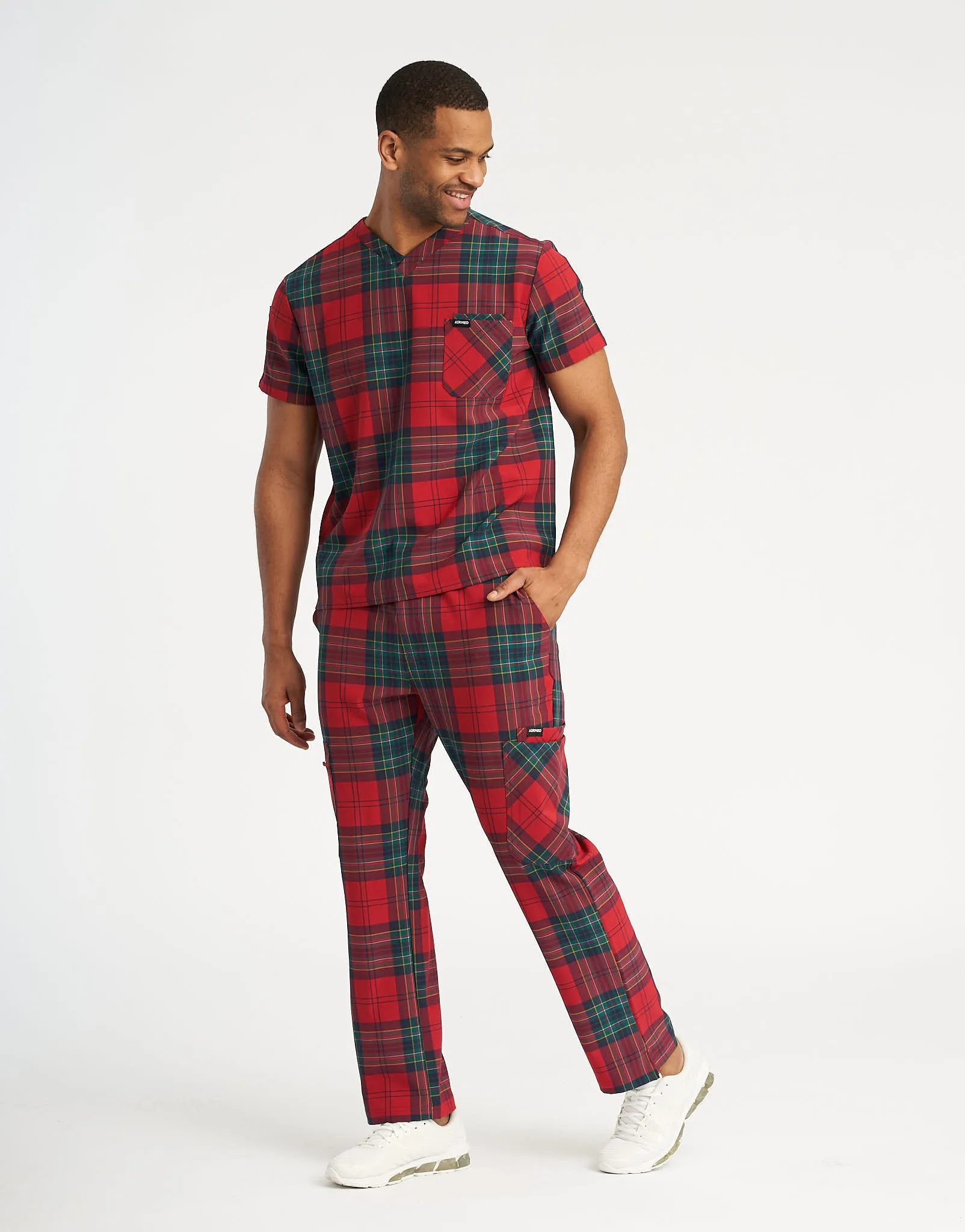 Essential V Neck Scrub Top - Christmas Red Tartan