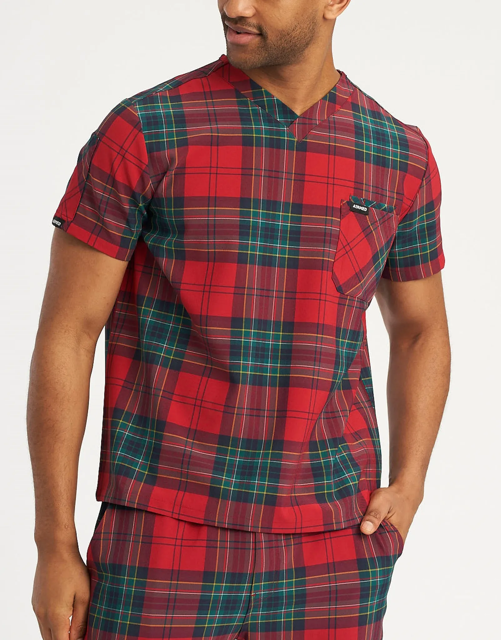 Essential V Neck Scrub Top - Christmas Red Tartan