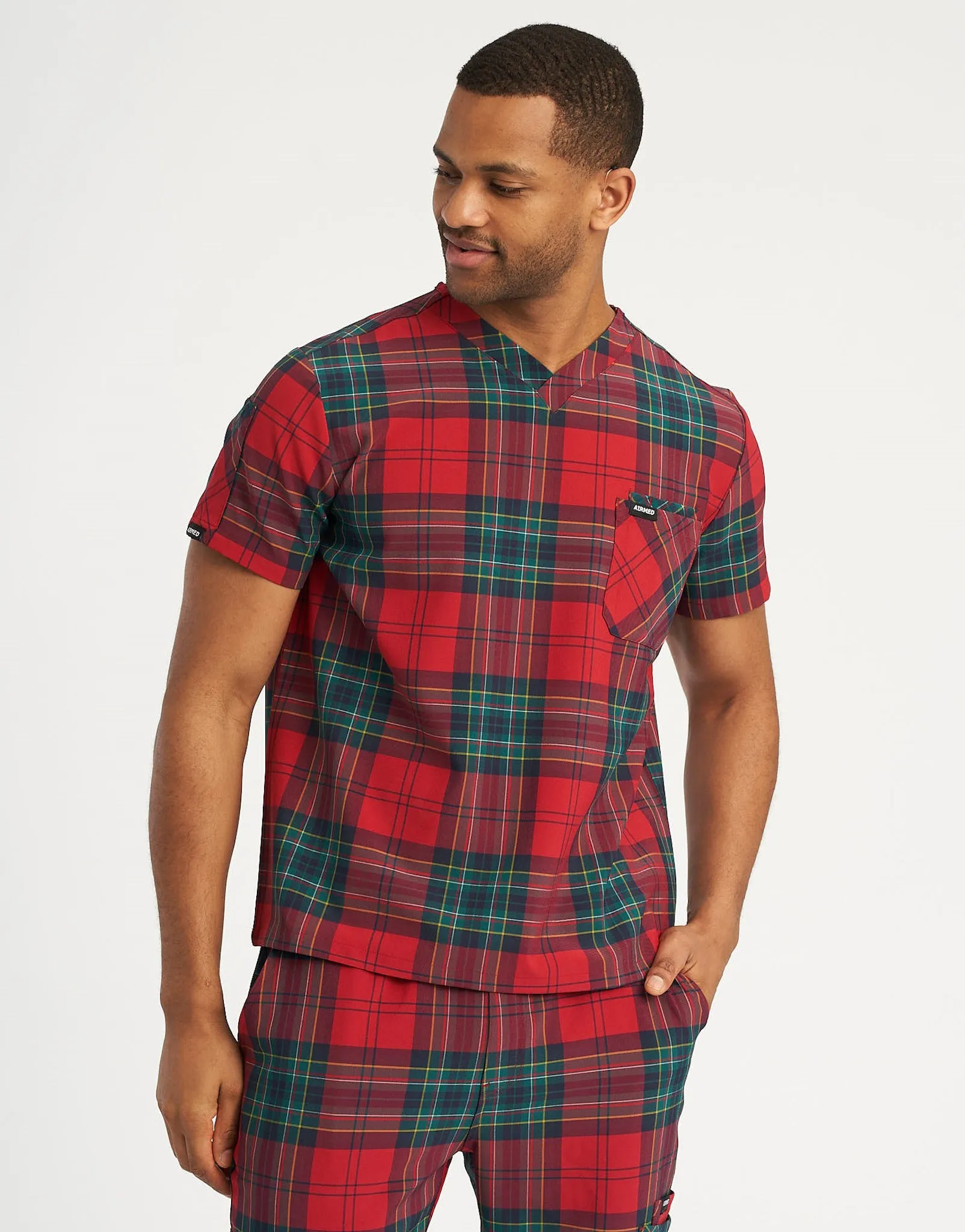 Essential V Neck Scrub Top - Christmas Red Tartan