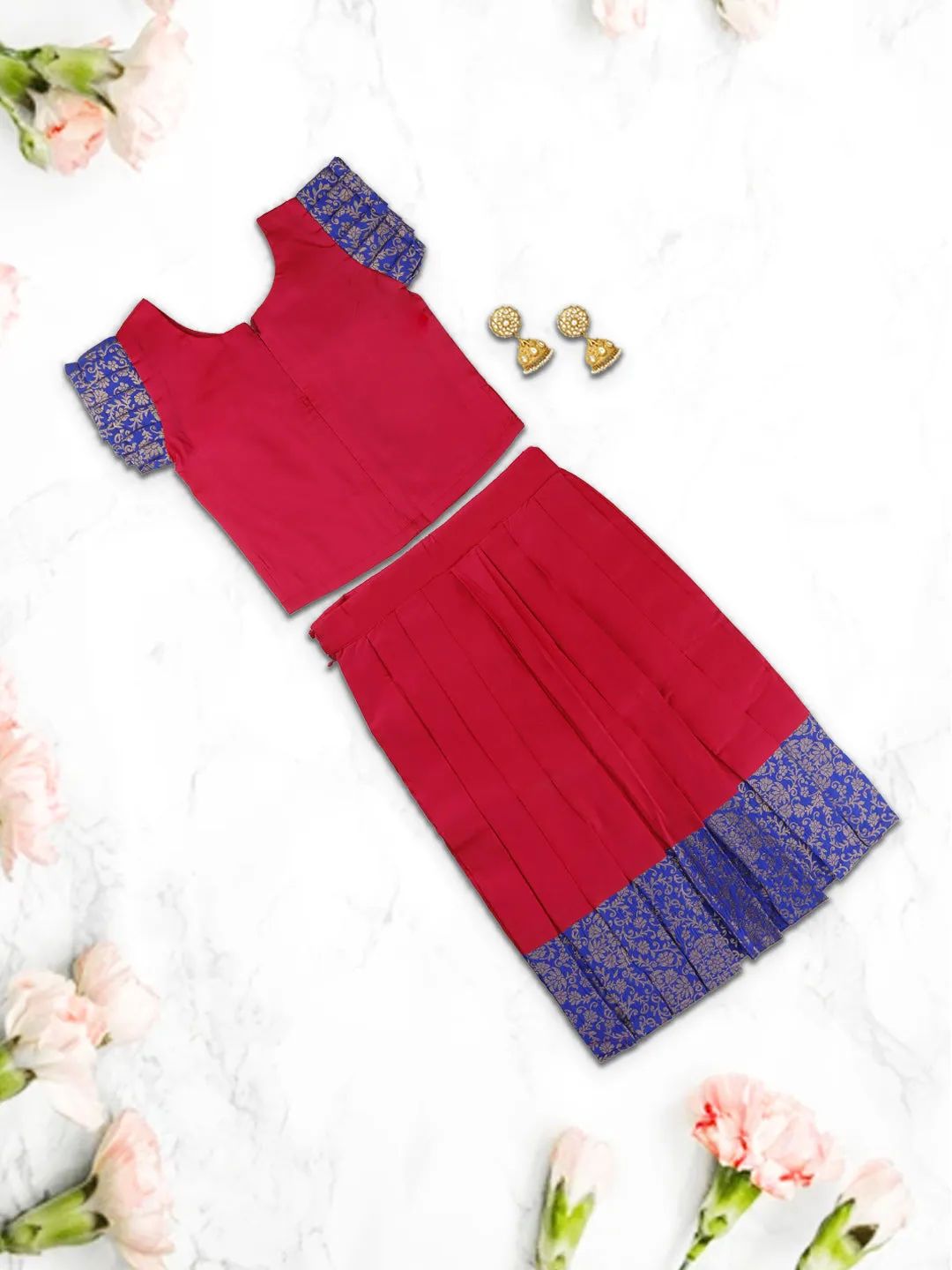 Girls Elegant Pattu Pavadai set Cherry with Royal Blue - GPS07