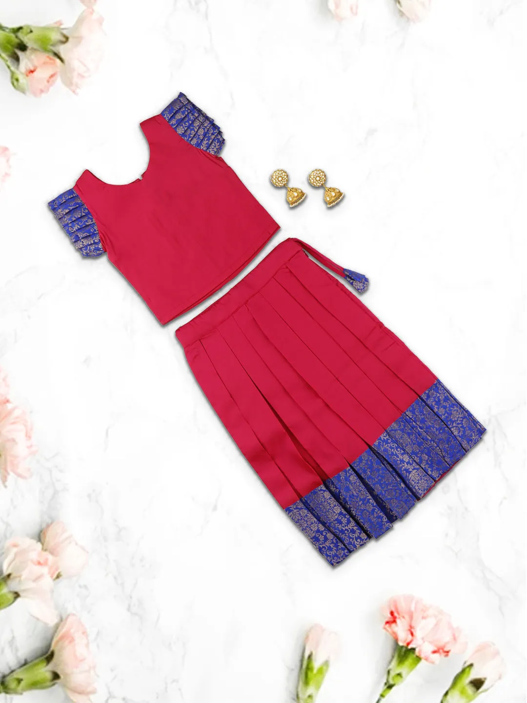 Girls Elegant Pattu Pavadai set Cherry with Royal Blue - GPS07