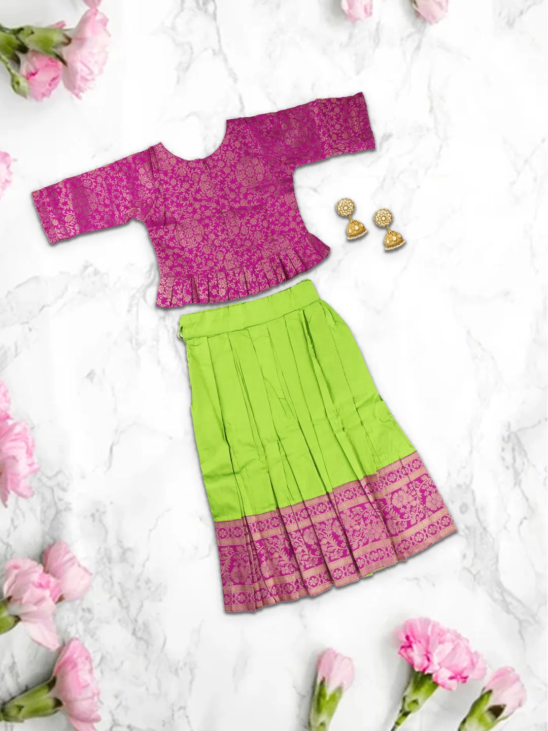 Girls Elegant Pattu Pavadai set Green with Magenta 3/4 Sleeve - GPS08