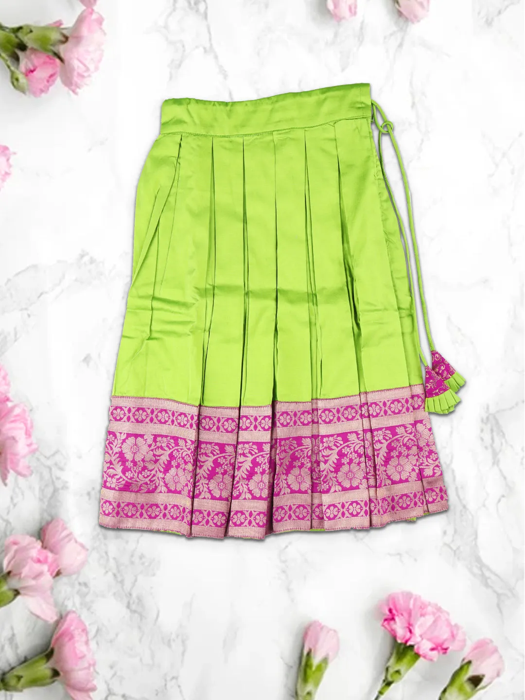 Girls Elegant Pattu Pavadai set Green with Magenta 3/4 Sleeve - GPS08