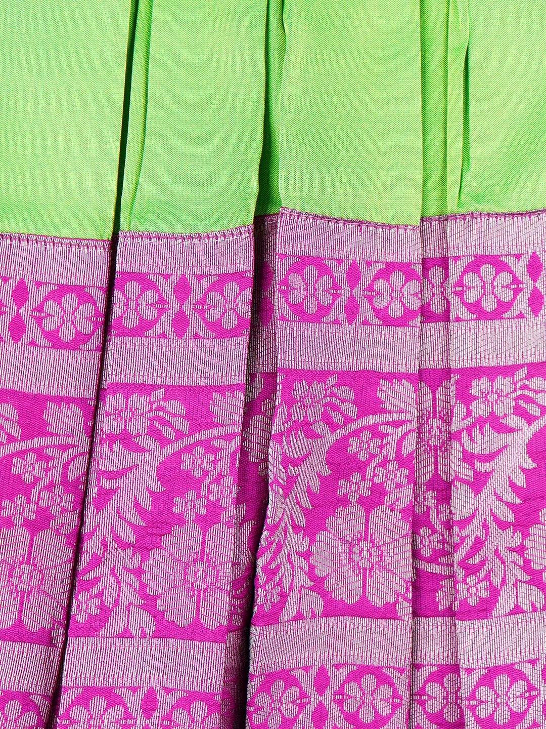 Girls Elegant Pattu Pavadai set Green with Magenta 3/4 Sleeve - GPS08