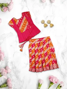 Girls Elegant Pattu Pavadai set Magenta with Orange - GPS01