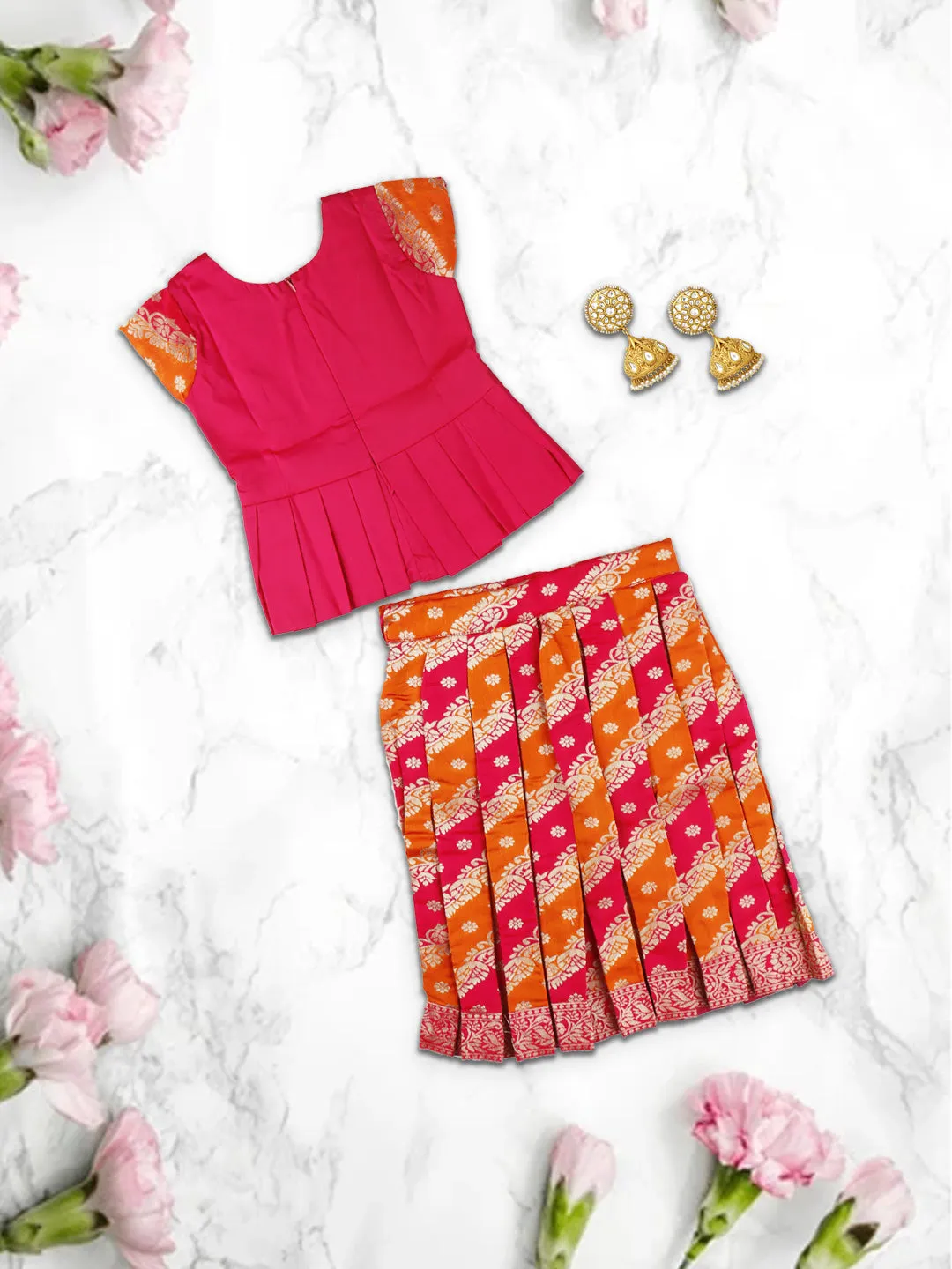 Girls Elegant Pattu Pavadai set Magenta with Orange - GPS01