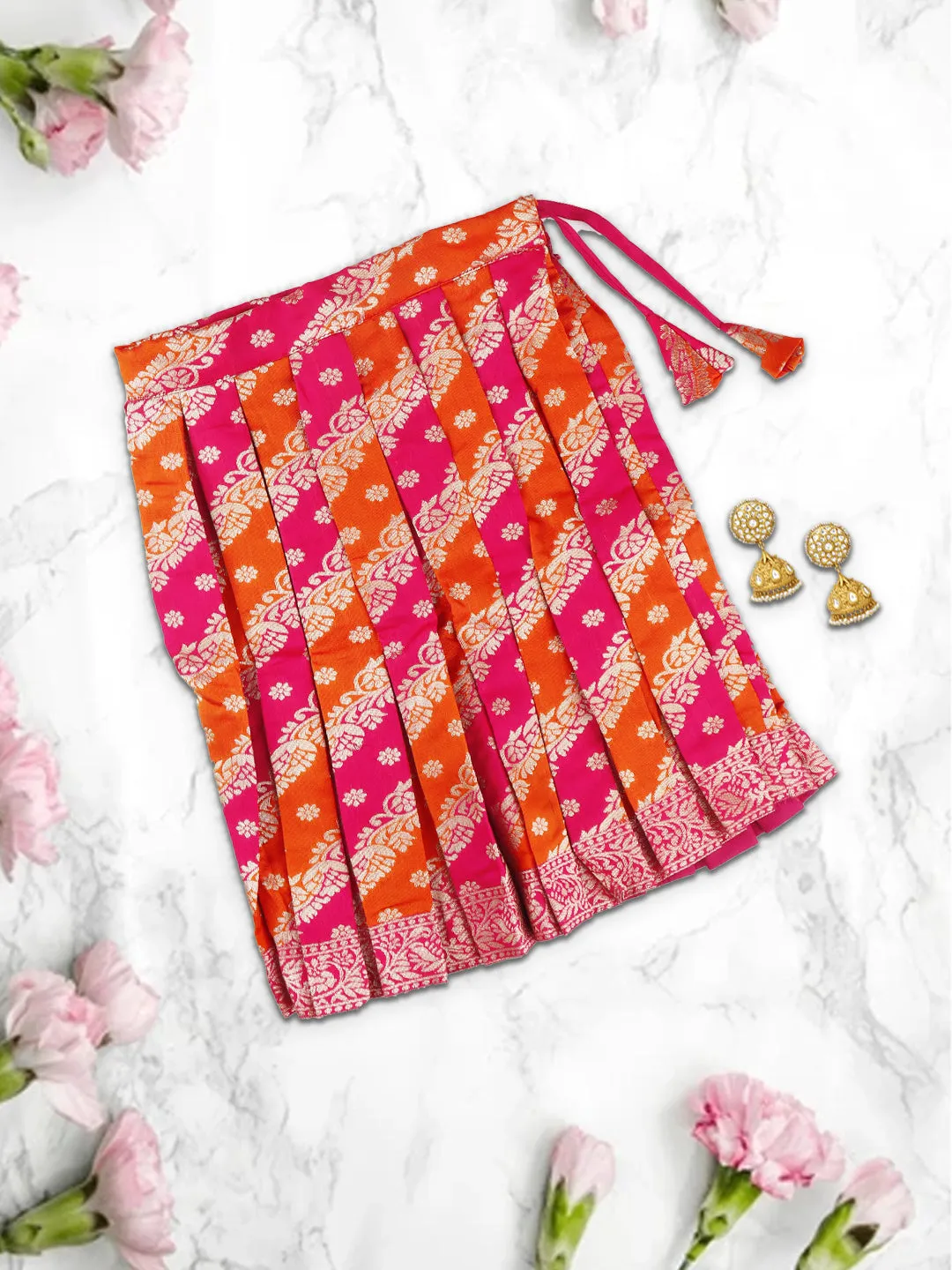 Girls Elegant Pattu Pavadai set Magenta with Orange - GPS01