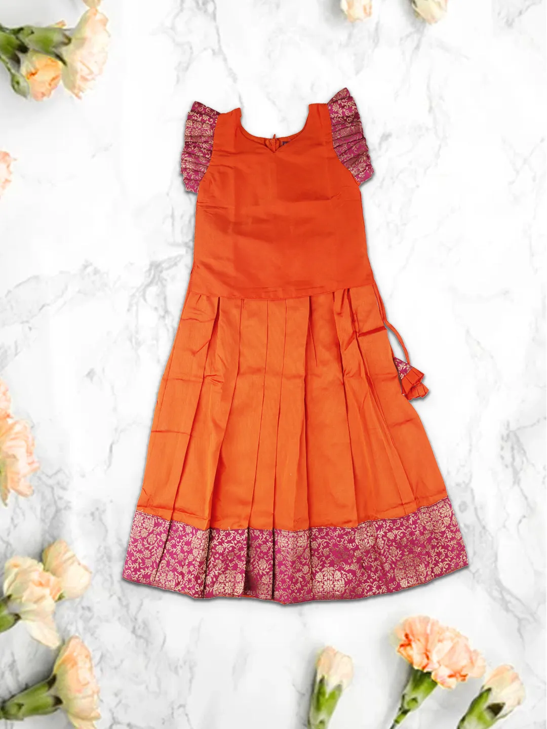 Girls Elegant Pattu Pavadai set Orange with Cherry  - GPS05