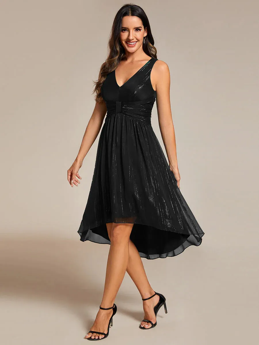 Glittery Spaghetti Straps Knee Length Bowknot Bridesmaid Dress