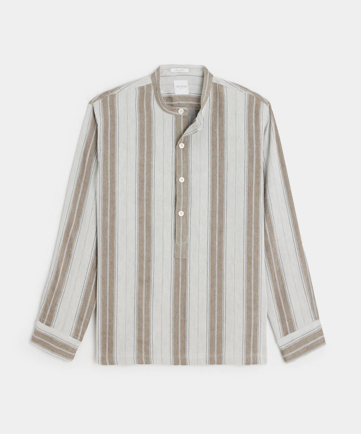 Italian Band Collar Popover Shirt in Grey Stripe