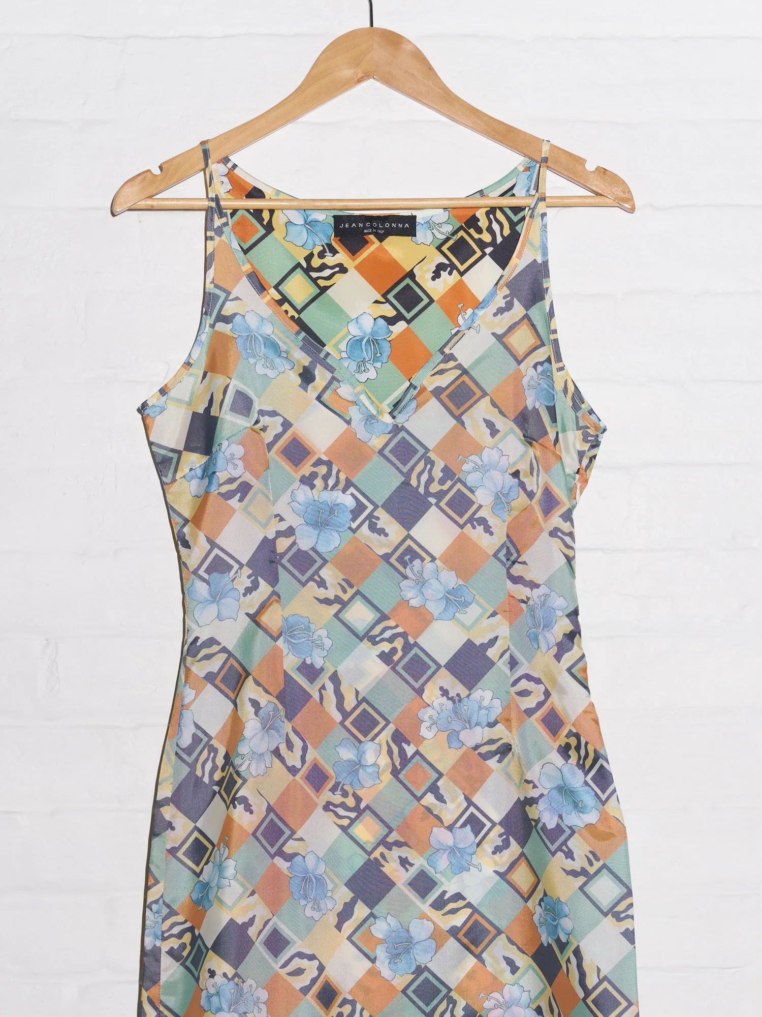 Jean Colonna SS1998 reversed geometric floral print satin slip dress