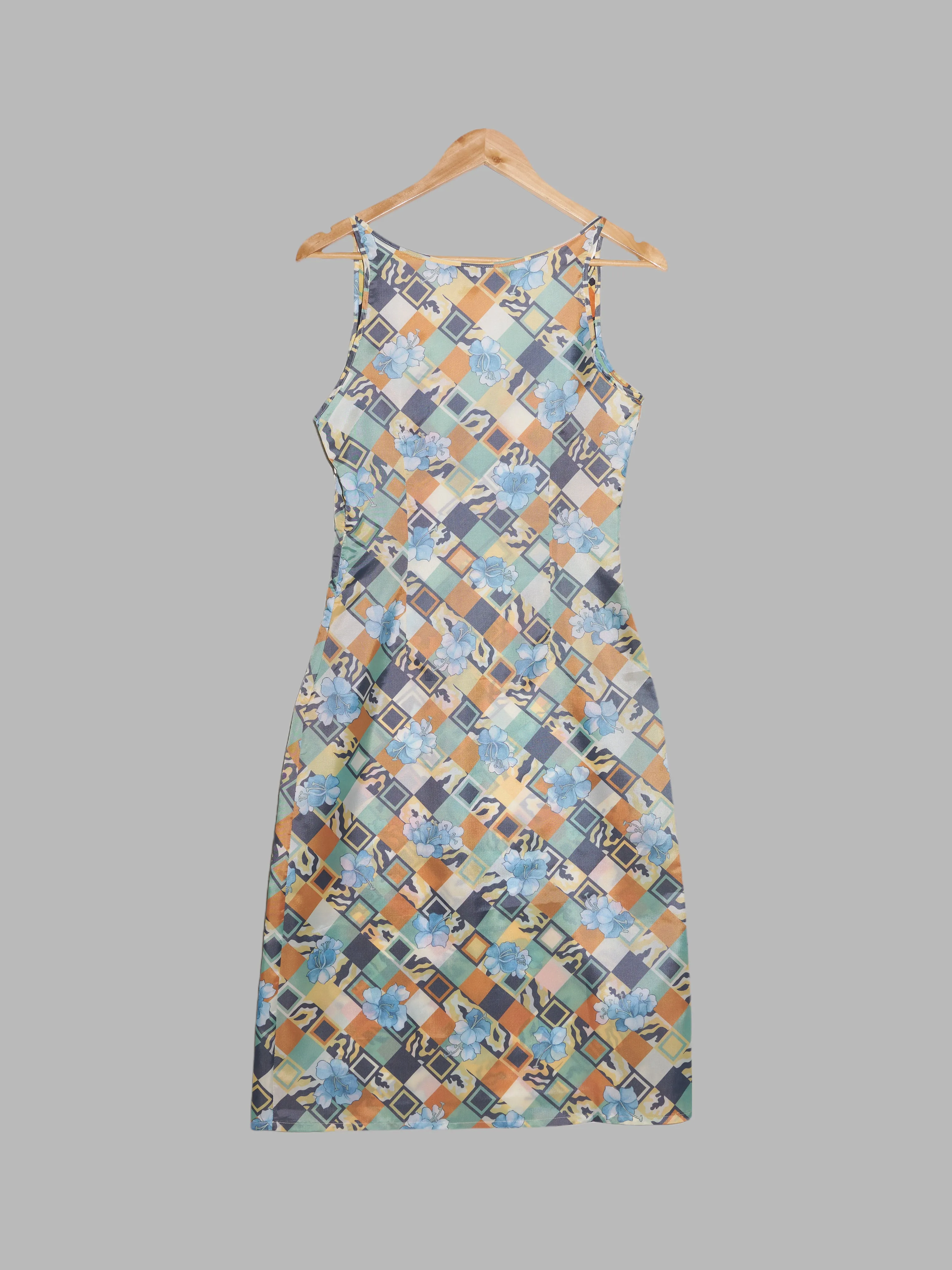 Jean Colonna SS1998 reversed geometric floral print satin slip dress