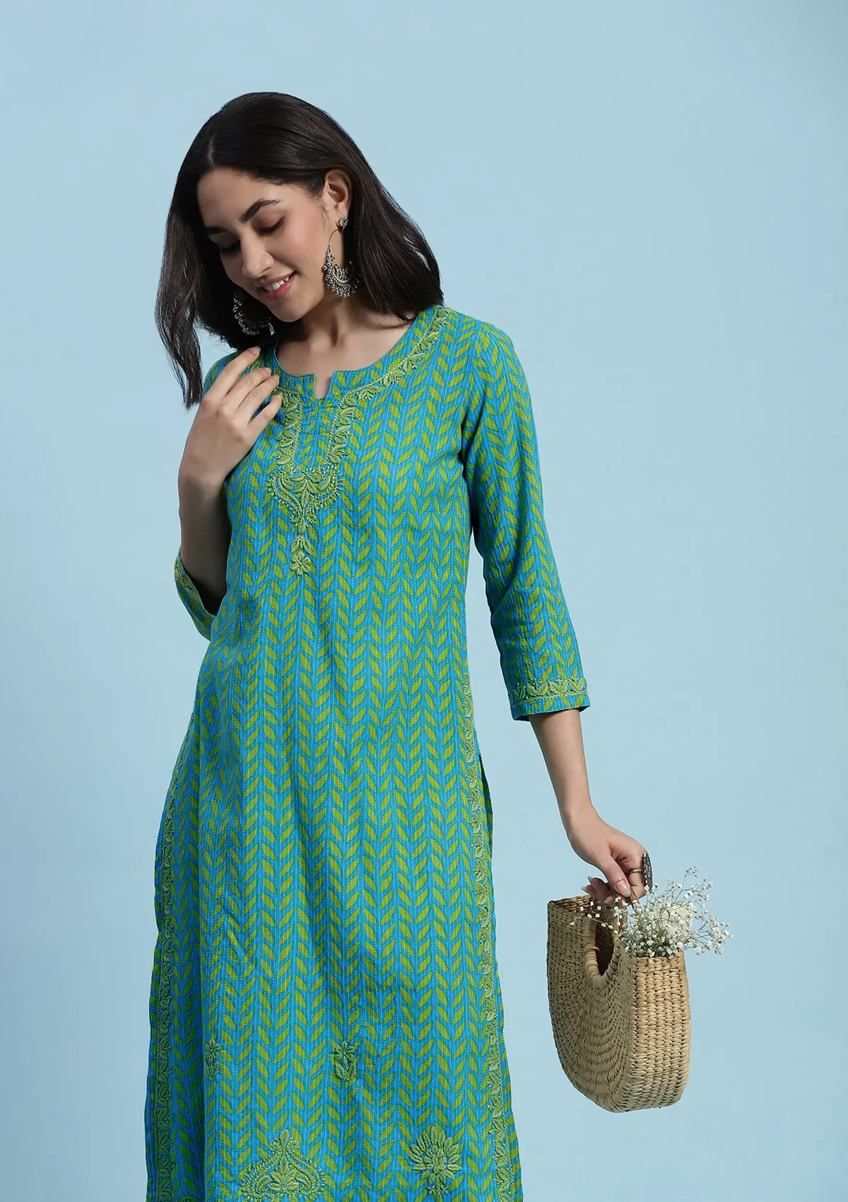 Kantha Cotton Chikankari Printed Women's Long Kurta - Blue