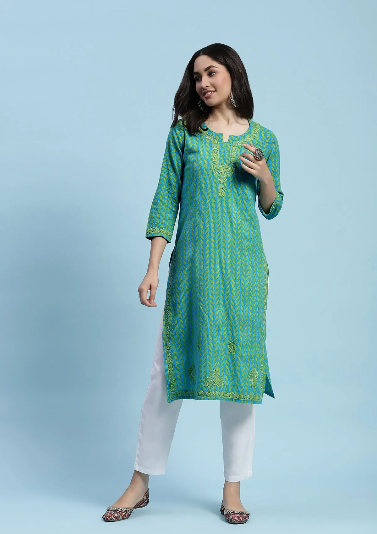 Kantha Cotton Chikankari Printed Women's Long Kurta - Blue