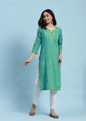 Kantha Cotton Chikankari Printed Women's Long Kurta - Blue