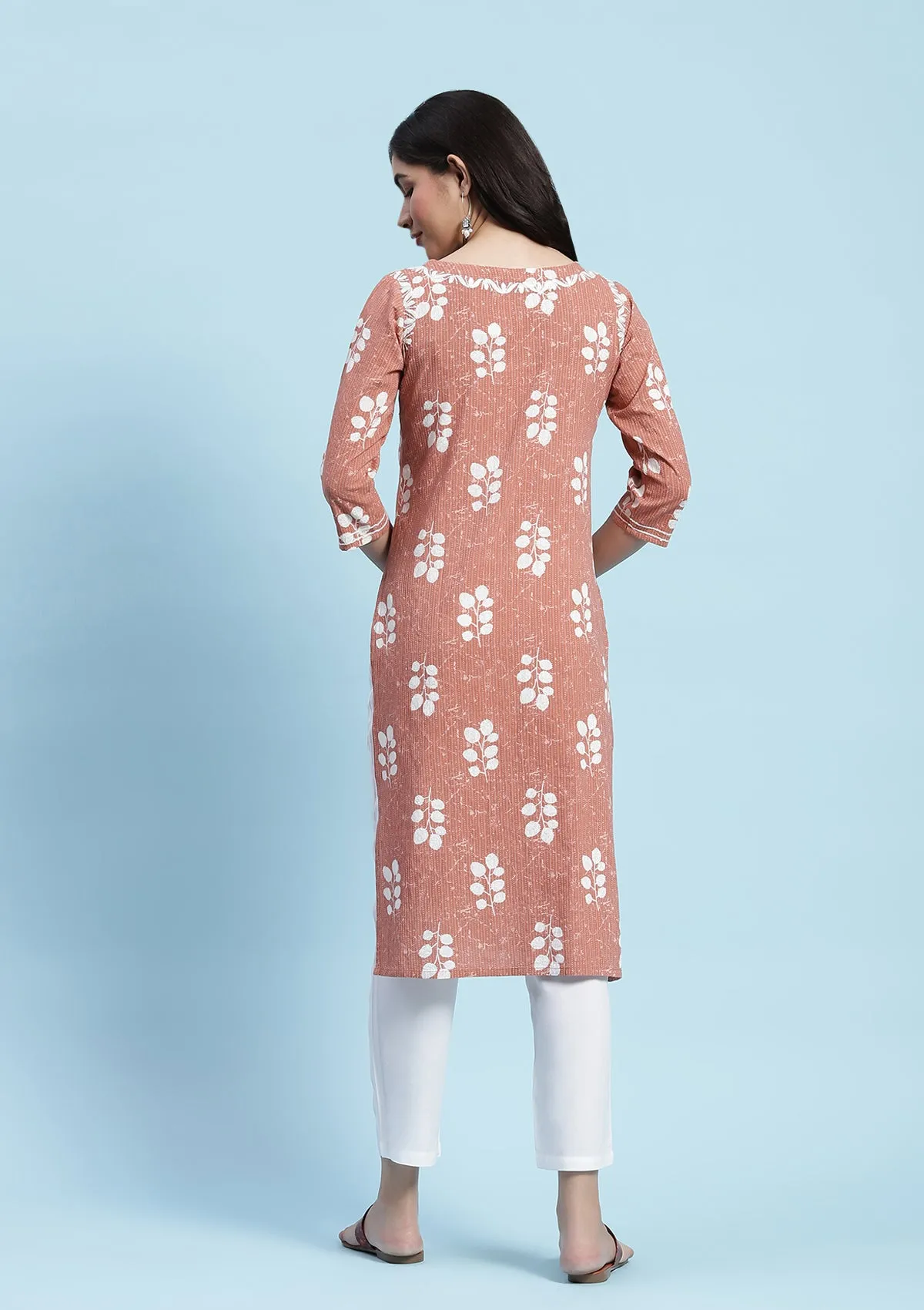 Kantha Cotton Chikankari Printed Women's Long Kurta - Brown