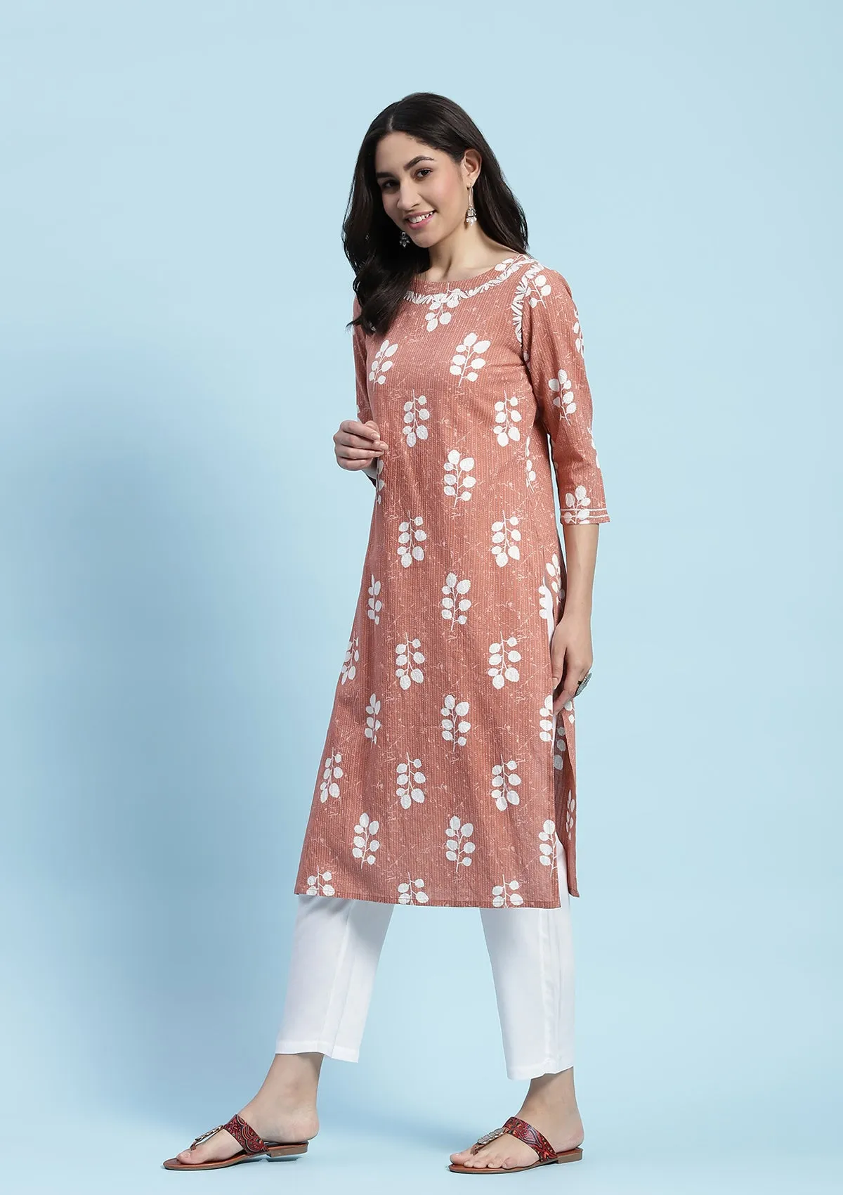 Kantha Cotton Chikankari Printed Women's Long Kurta - Brown