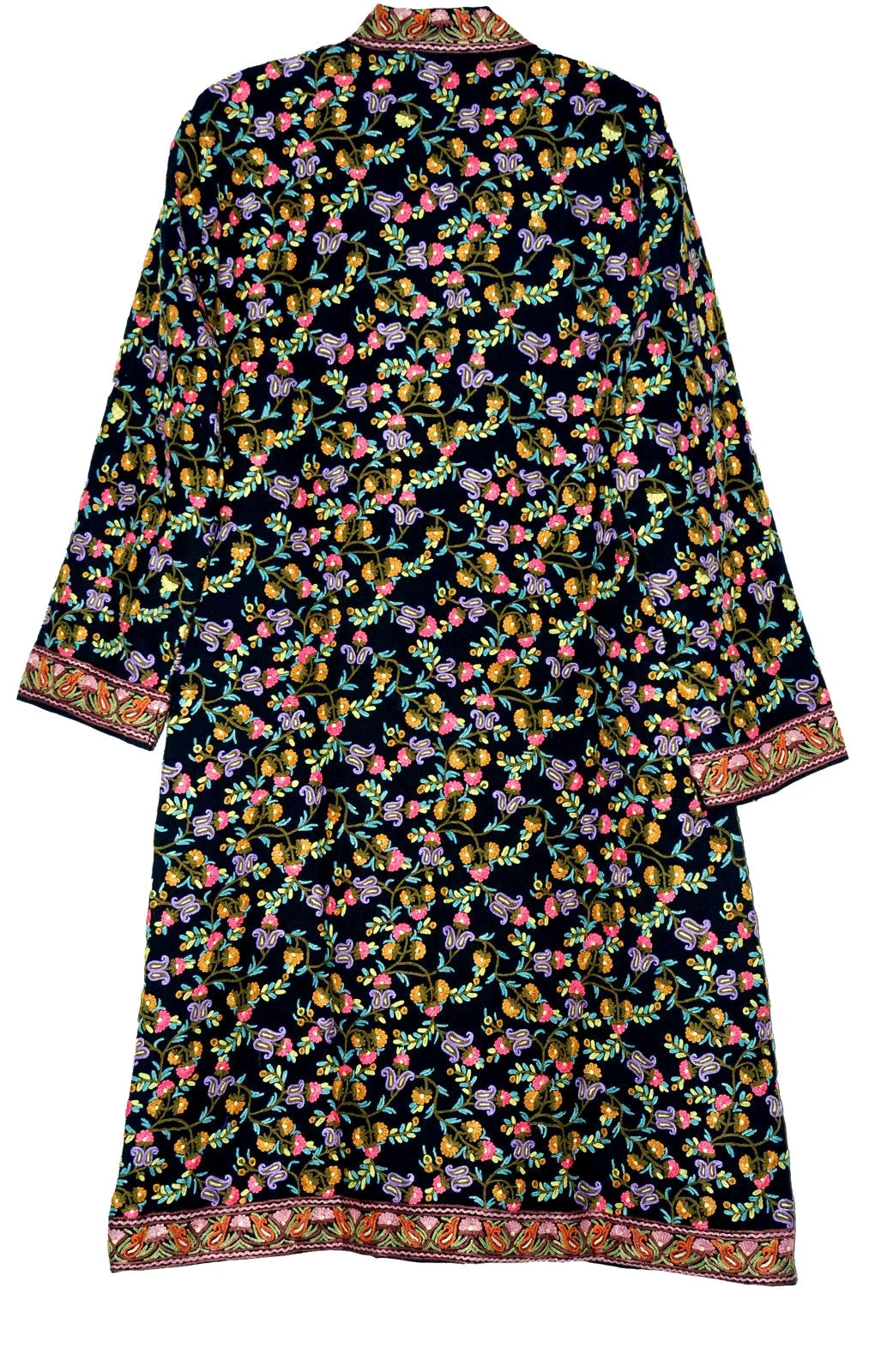 Kashmiri Woolen Coat Black, Multicolor Embroidery #AO-1622