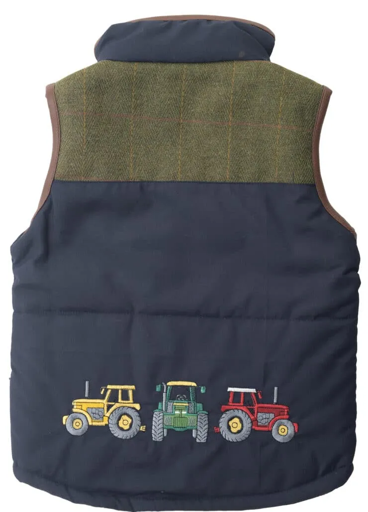 Kids’ Navy & Green Tweed Patch Gilet with Tan Trim