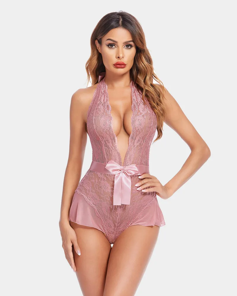 Lace Teddy Bodysuit Halter V Neck One Piece